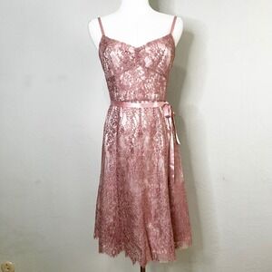 Ann Taylor Pink Lace A Line Knee Length Dress Ribbon Belt Size 4 Petite